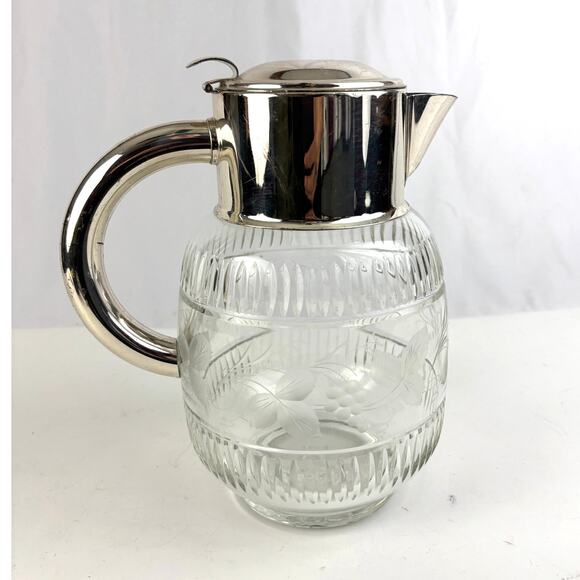 Vintage Other - Vintage Cut Glass Water Pitcher Silverplate Lid Hinged Claret Jug 10”
